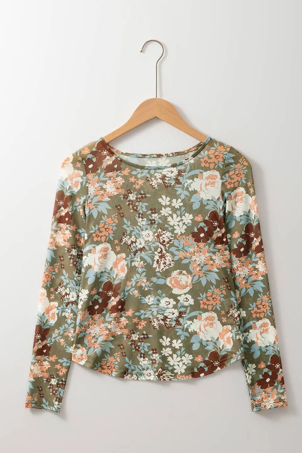 Floral Print Mesh Fitted Long Sleeve Top