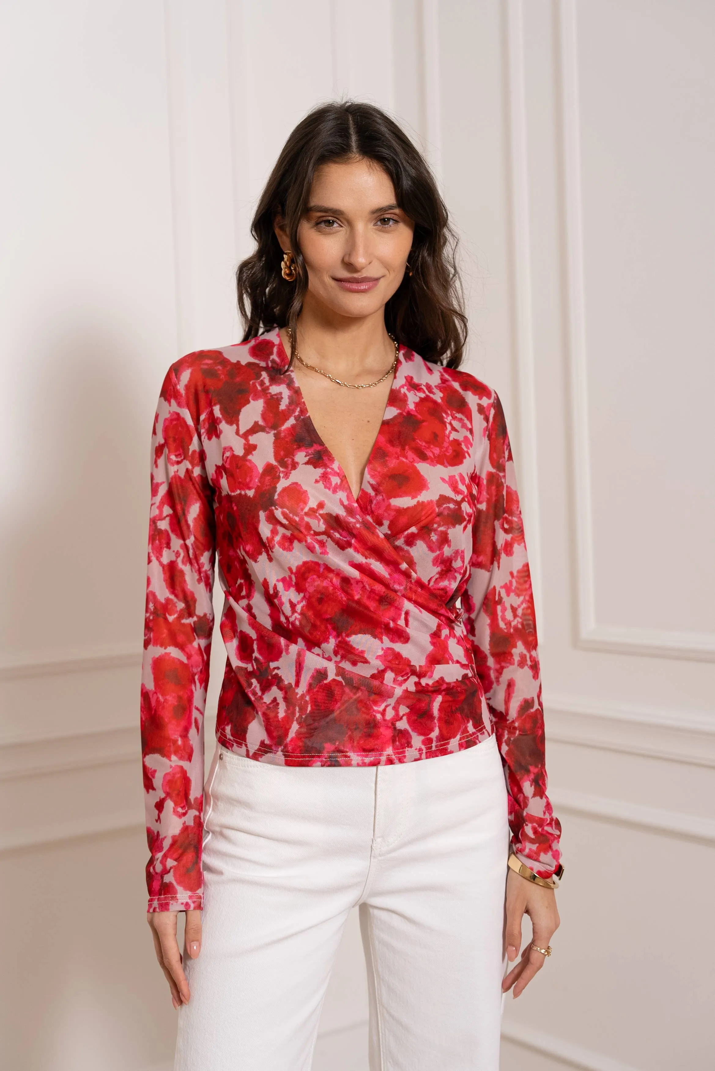 Floral Print Mesh Wrap Top