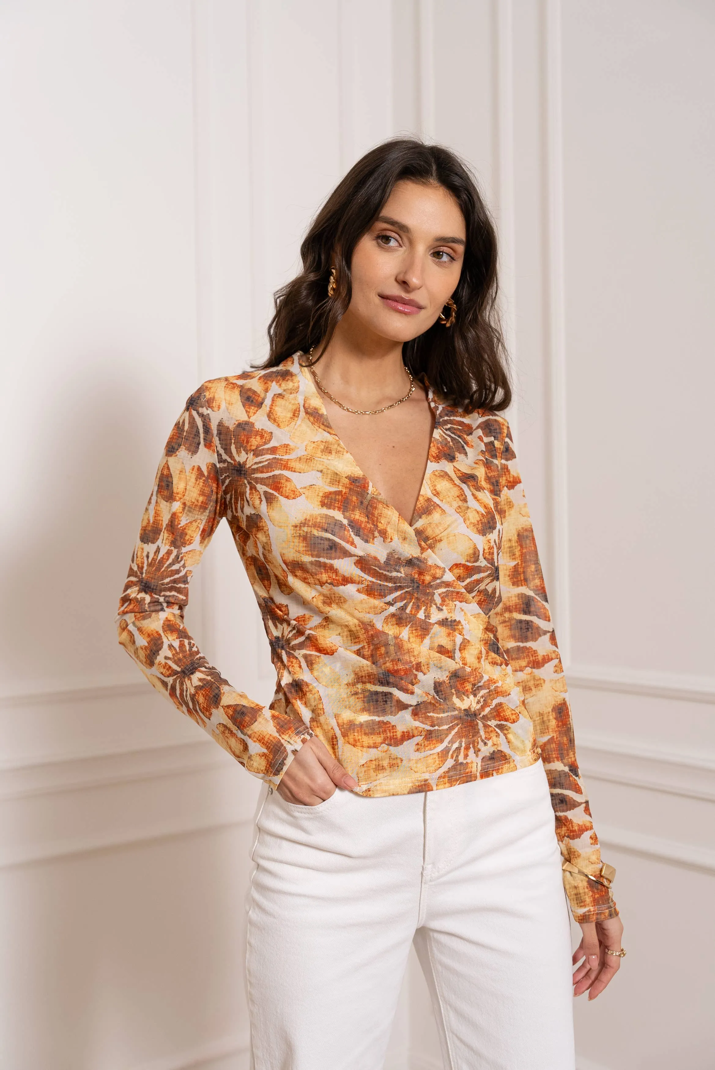 Floral Print Mesh Wrap Top
