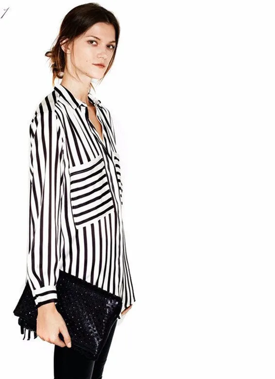 Formal blouses Long Sleeve Button Down Women's Shirt Vertical Striped Chiffon Pocket Career Tops