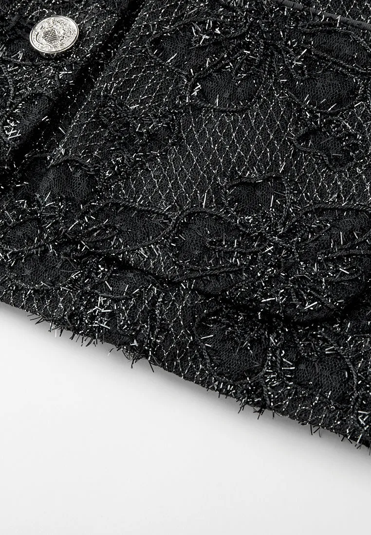 Frayed Lurex-detail Lace Double-breasted Cap-sleeve Blouse