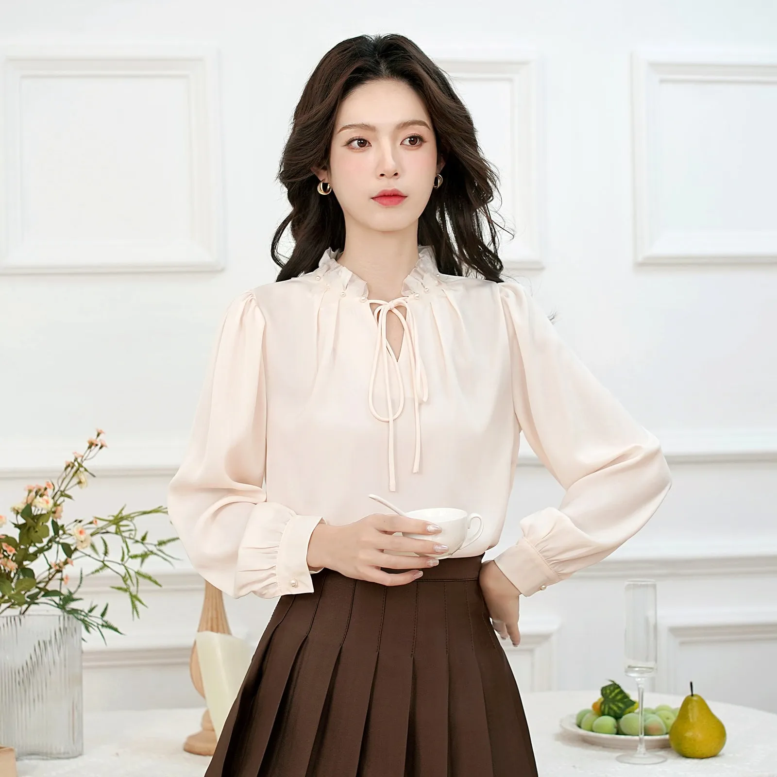 French Style Gentle Lace Trim Blouse for Women