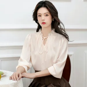French Style Gentle Lace Trim Blouse for Women