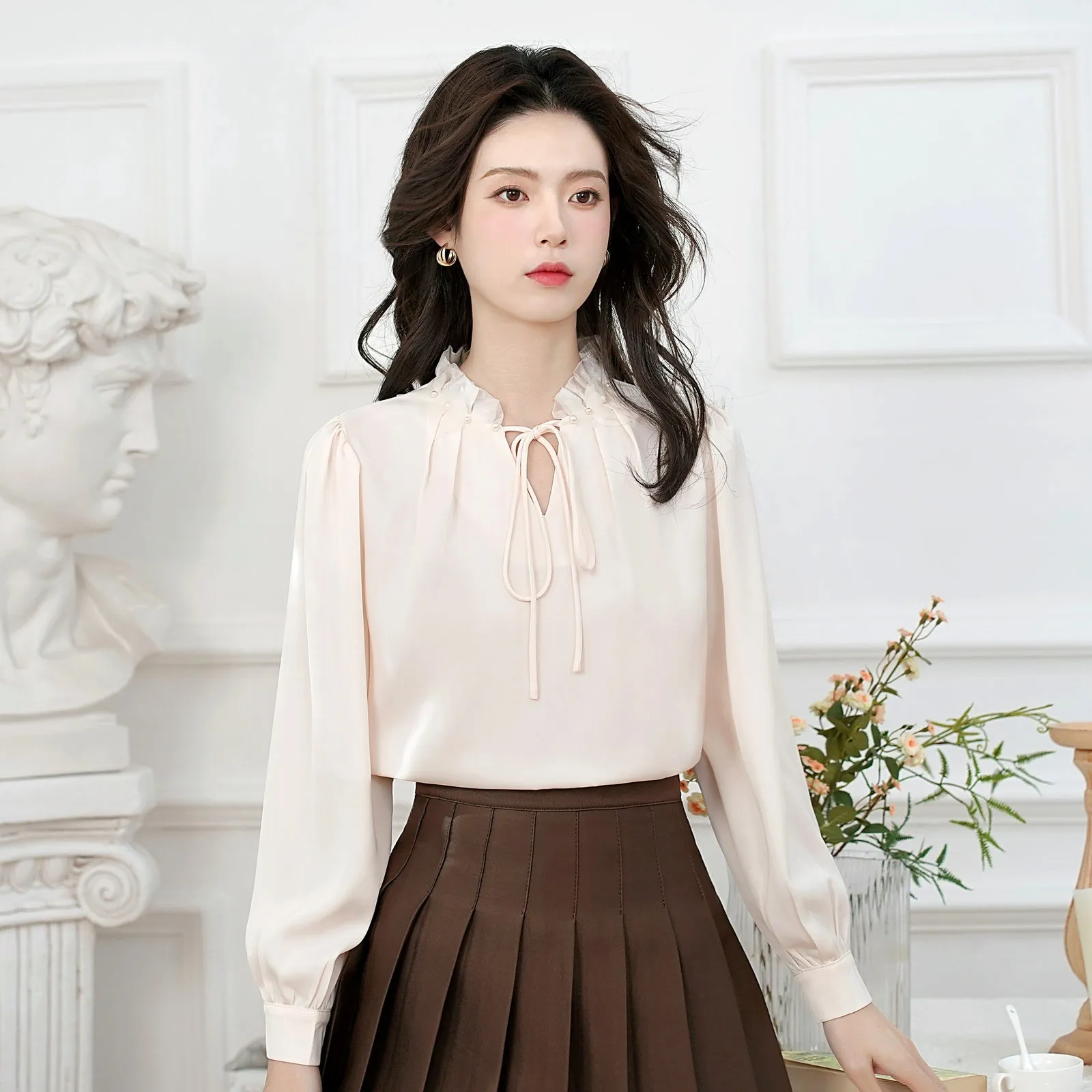 French Style Gentle Lace Trim Blouse for Women
