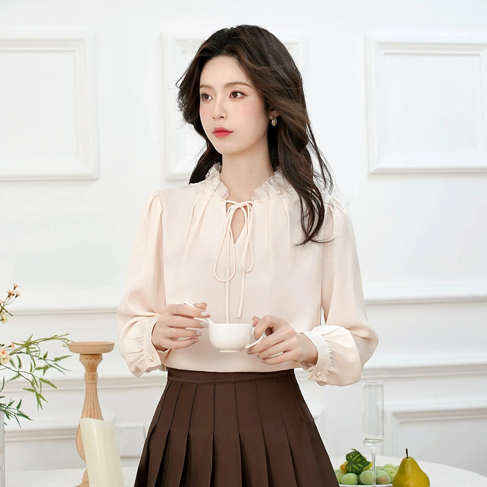 French Style Gentle Lace Trim Blouse for Women