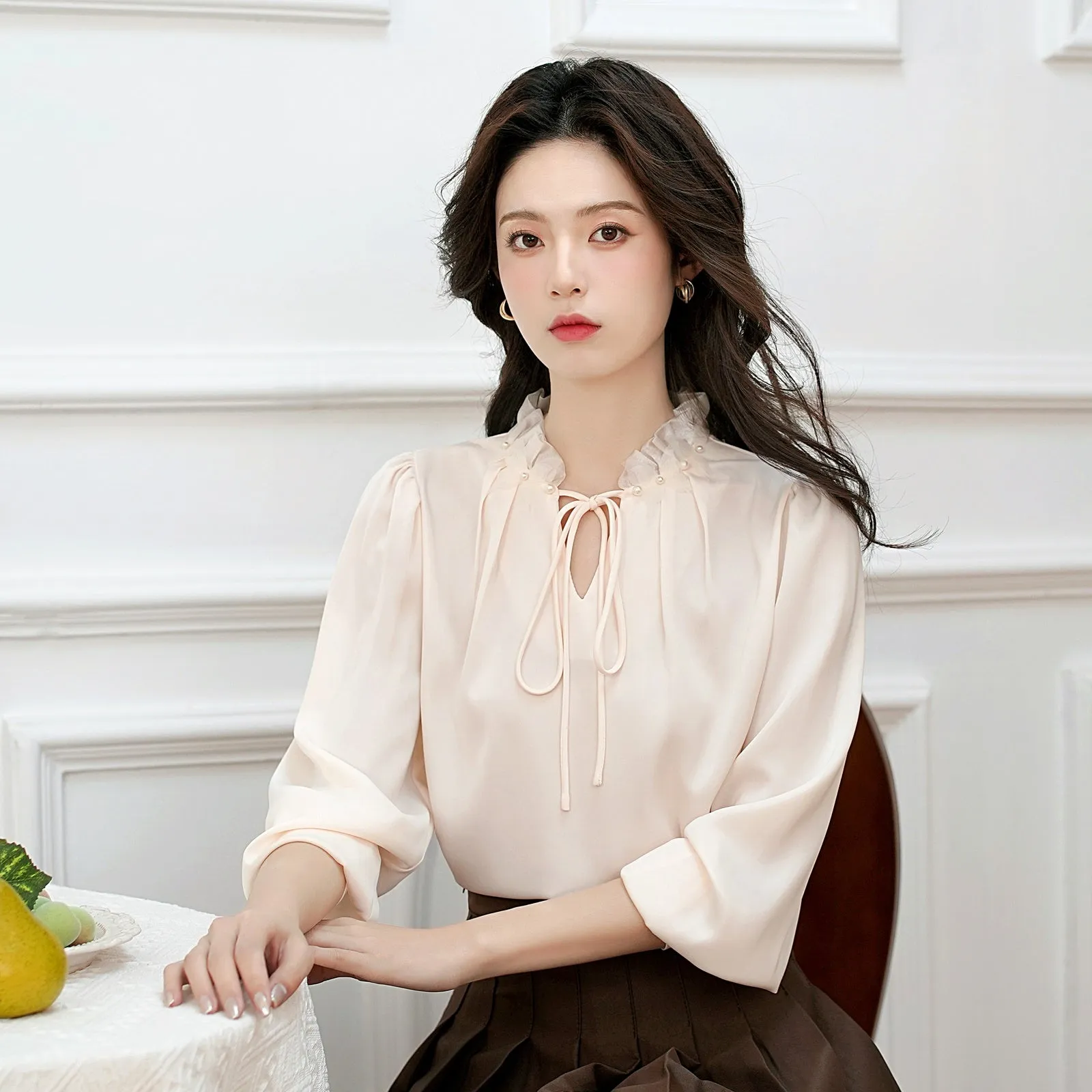French Style Gentle Lace Trim Blouse for Women