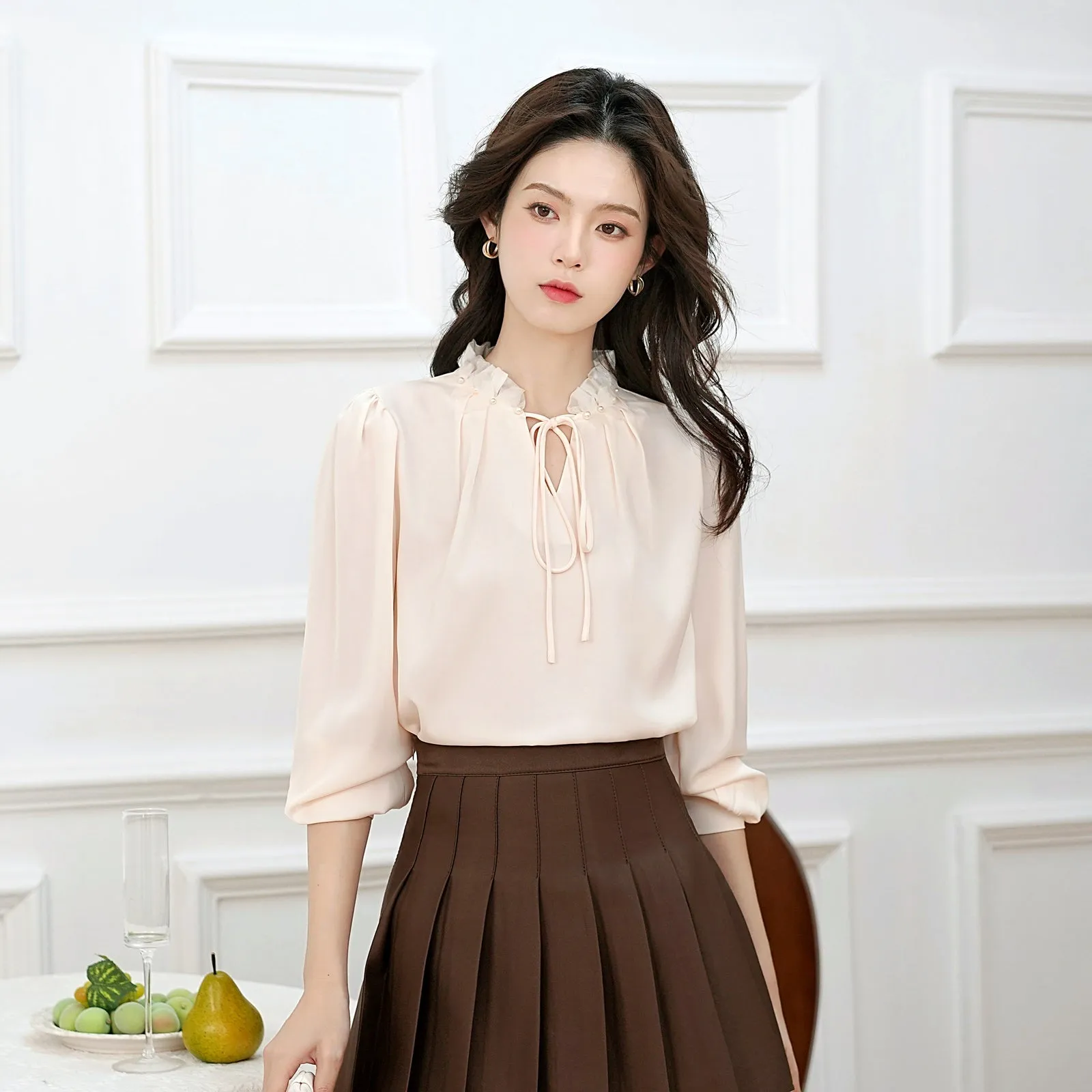 French Style Gentle Lace Trim Blouse for Women