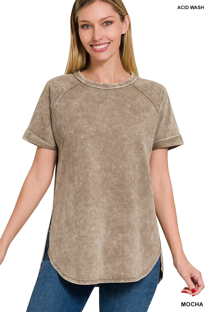 F/TERRY ACID WASH SHORT CUFF SLEEVE PULLOVER