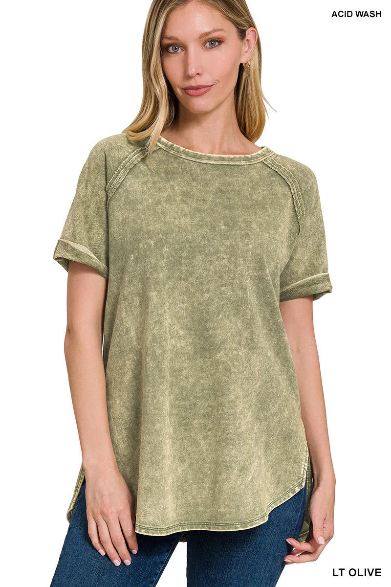 F/TERRY ACID WASH SHORT CUFF SLEEVE PULLOVER