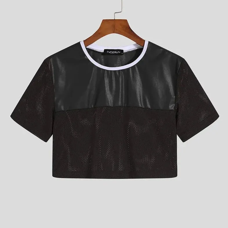 Gay Fashion PU Leather Mesh Crop Tops