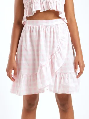 Girls Check Wrap Skirt - Pink