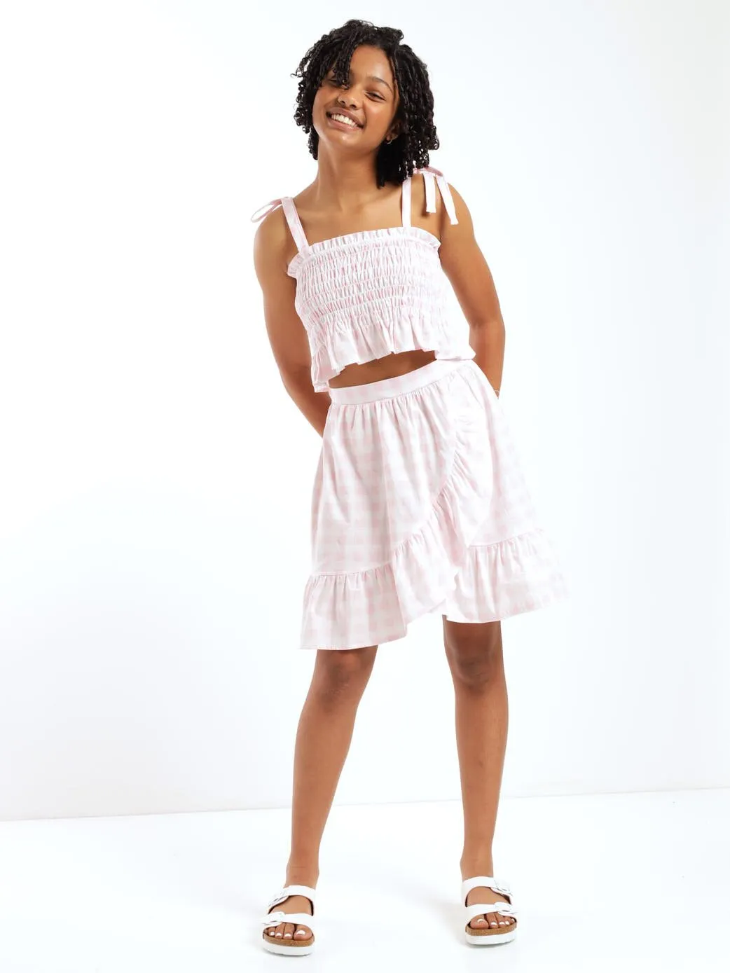 Girls Check Wrap Skirt - Pink