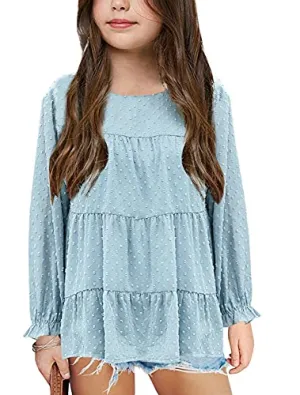 Girls Chiffon Swiss Dot Blouse (Long Sleeve, Round Neck, Ruffle Peplum, Blue)