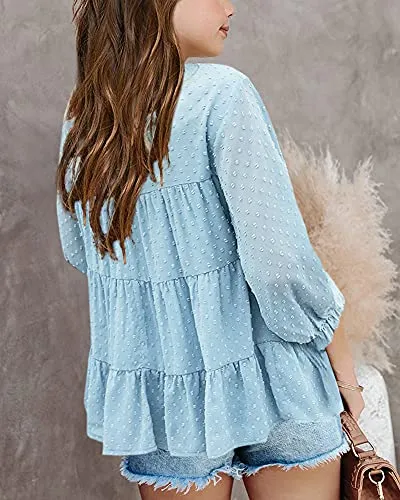 Girls Chiffon Swiss Dot Blouse (Long Sleeve, Round Neck, Ruffle Peplum, Blue)
