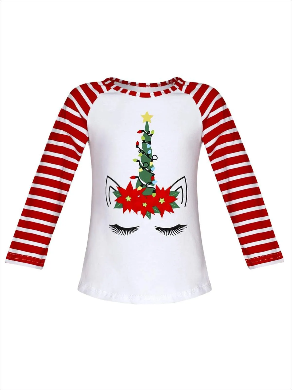 Girls Christmas Themed Long Striped Raglan Sleeve Unicorn Top
