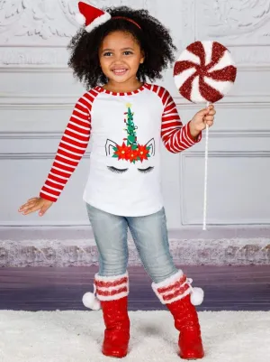 Girls Christmas Themed Long Striped Raglan Sleeve Unicorn Top