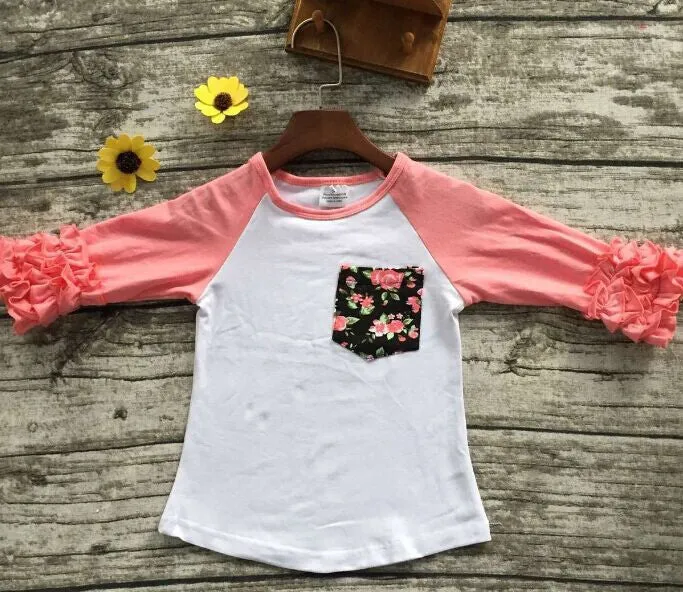 girls clothes o-neck baby girls kids icing ruffle raglan tops shirts girls casual tops fall Autumn top T-shirt