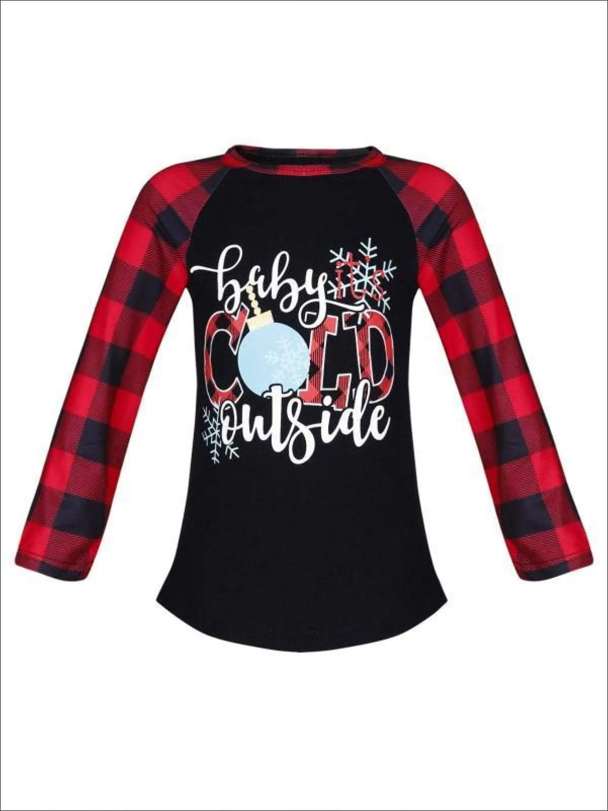 Girls " Baby it's Cold Outside" Plaid Long Sleeve Raglan Top