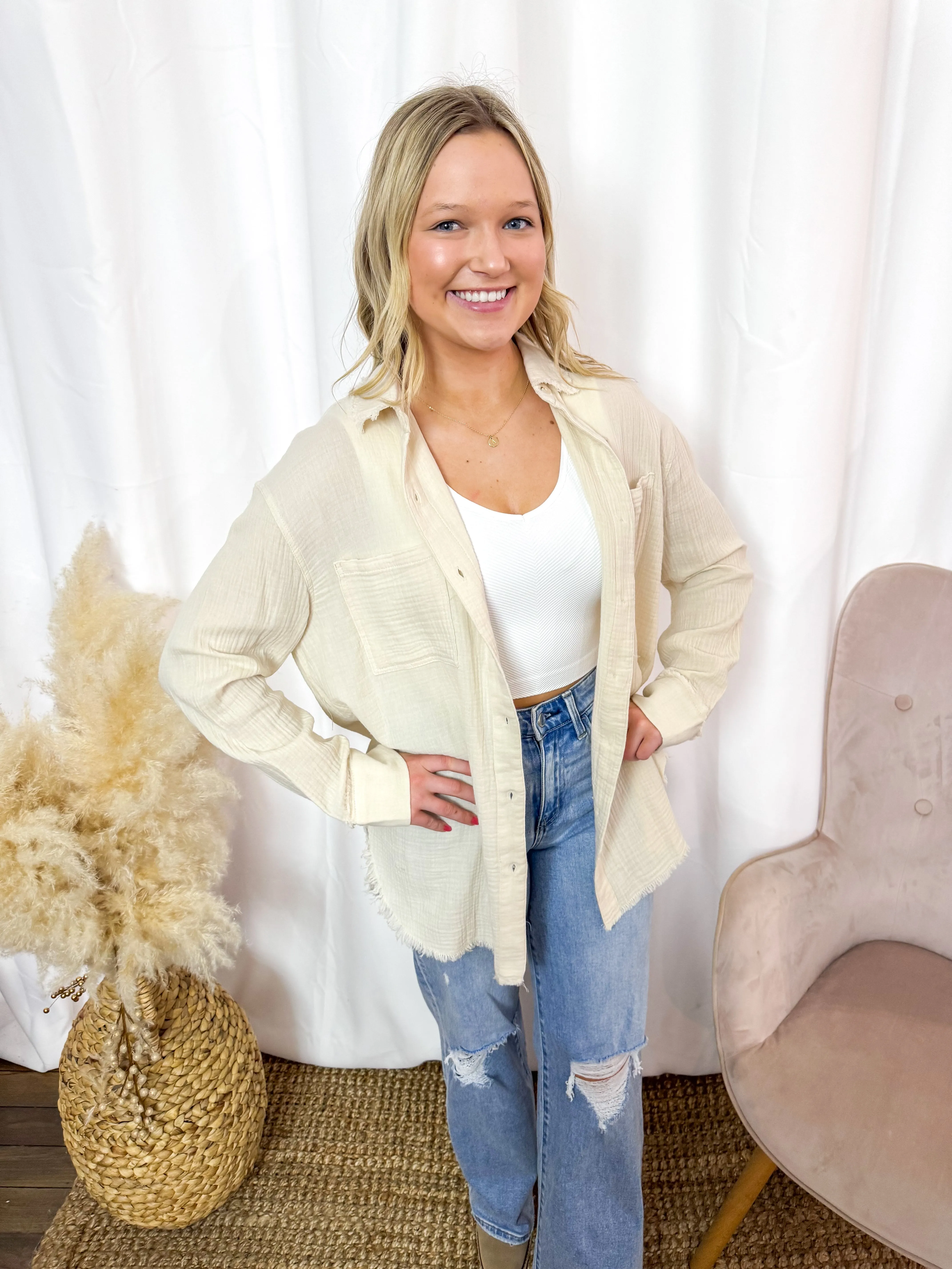 Gloria- Soft Washed Crinkled Gauze Button Down Shirts