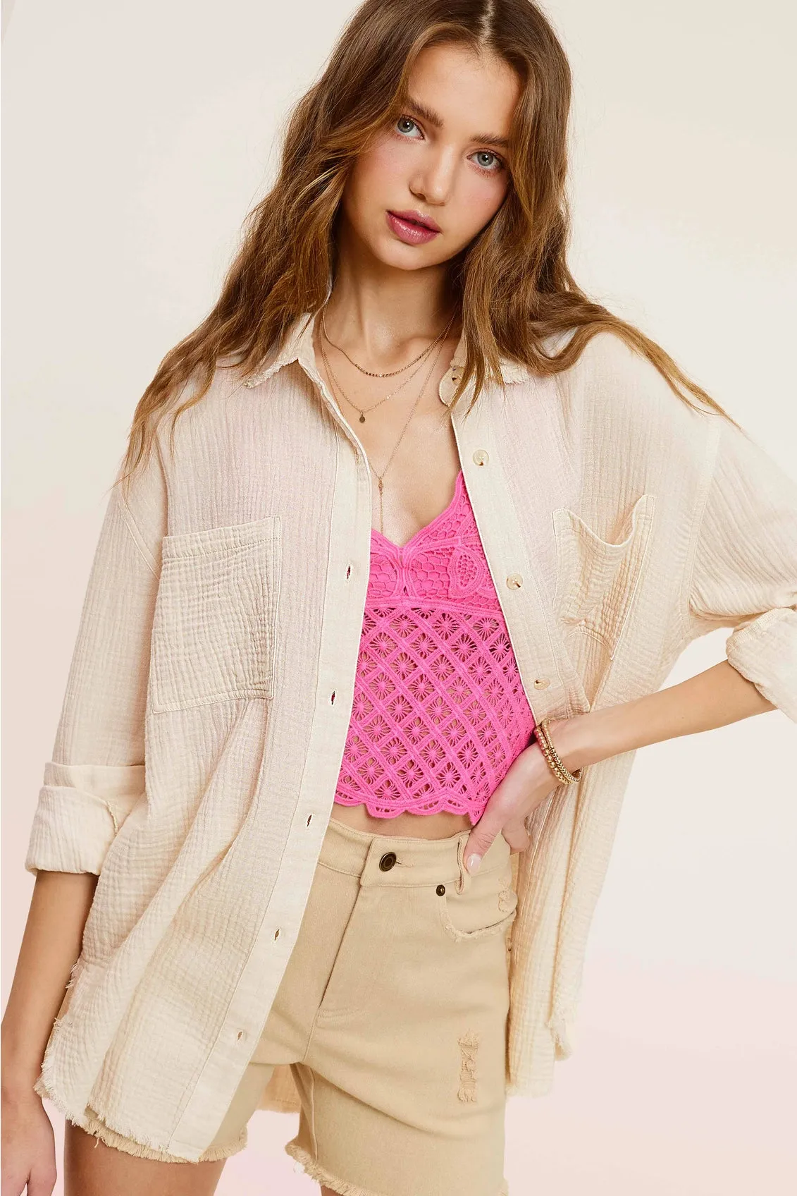 Gloria- Soft Washed Crinkled Gauze Button Down Shirts