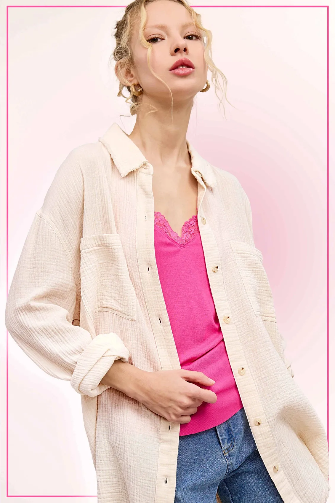 Gloria- Soft Washed Crinkled Gauze Button Down Shirts