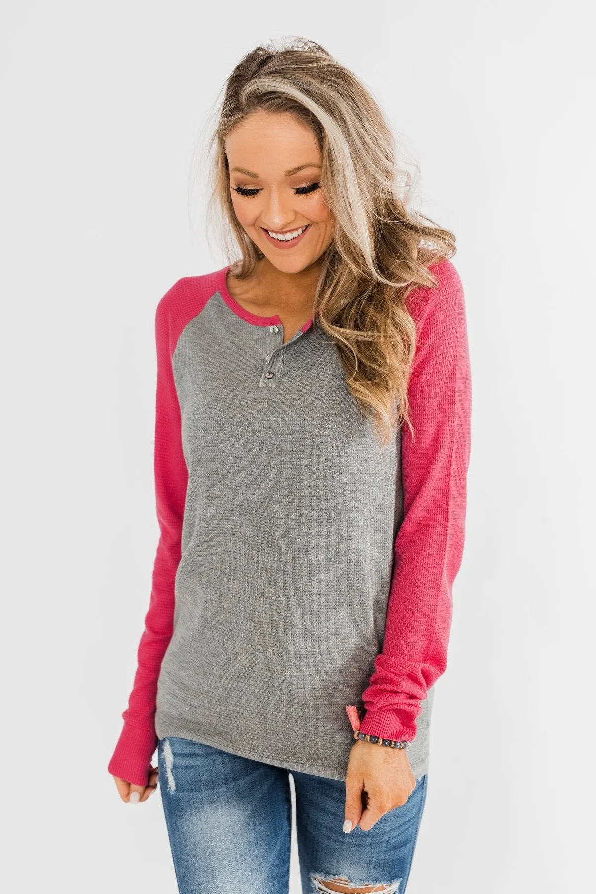 Good Things To Come Raglan Top- Dark Grey & Pink