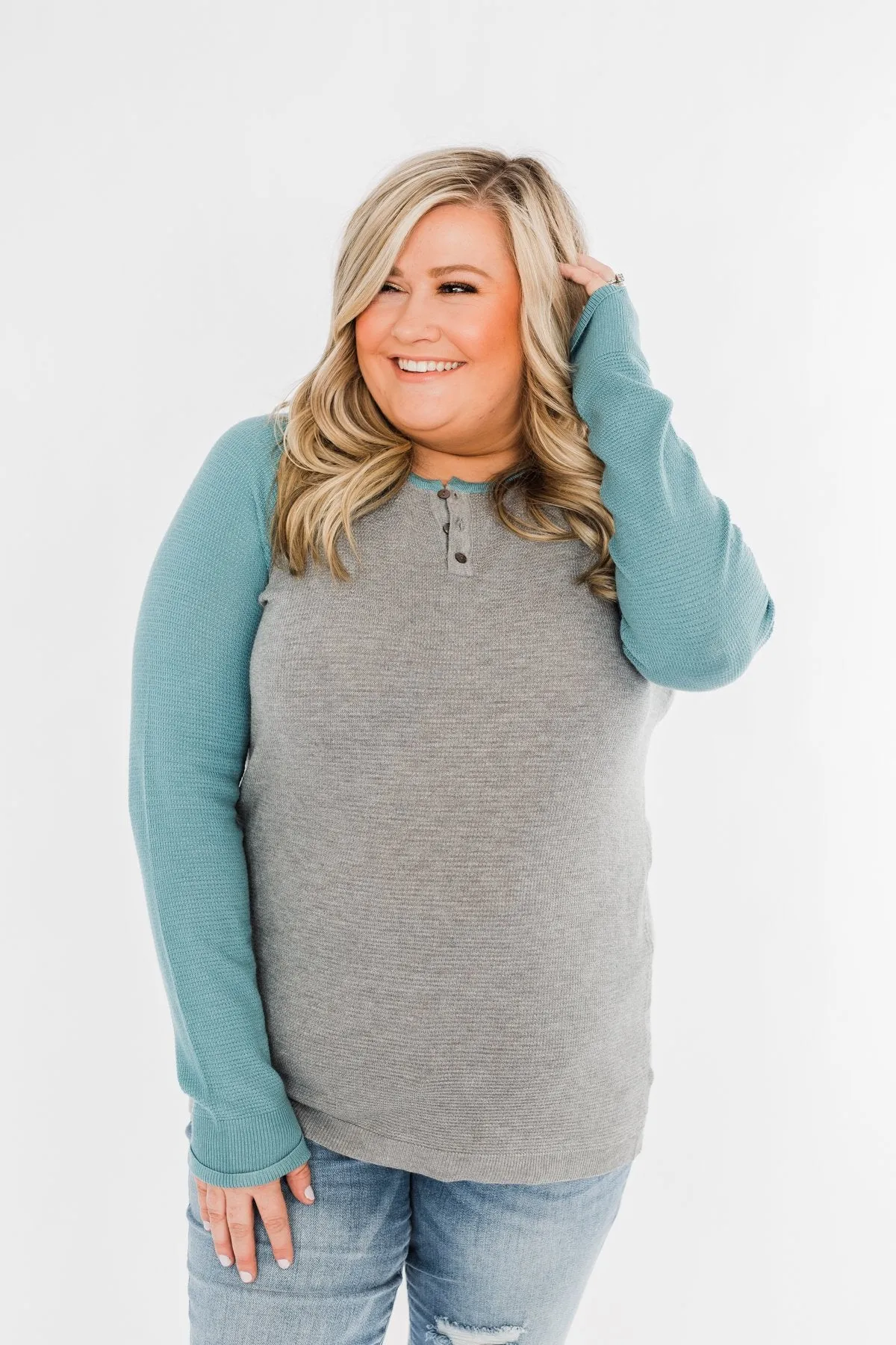 Good Things To Come Raglan Top- Dark Grey & Slate Blue