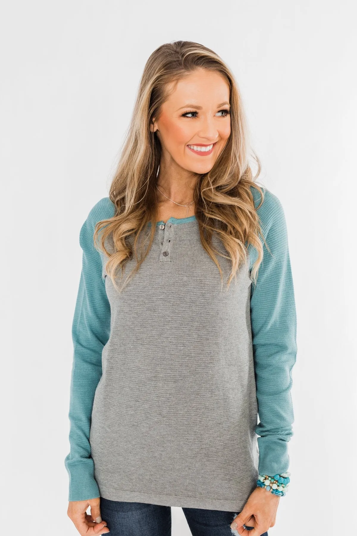 Good Things To Come Raglan Top- Dark Grey & Slate Blue