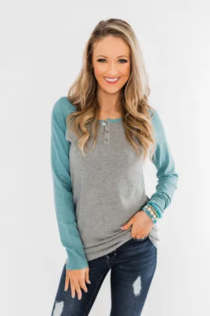 Good Things To Come Raglan Top- Dark Grey & Slate Blue