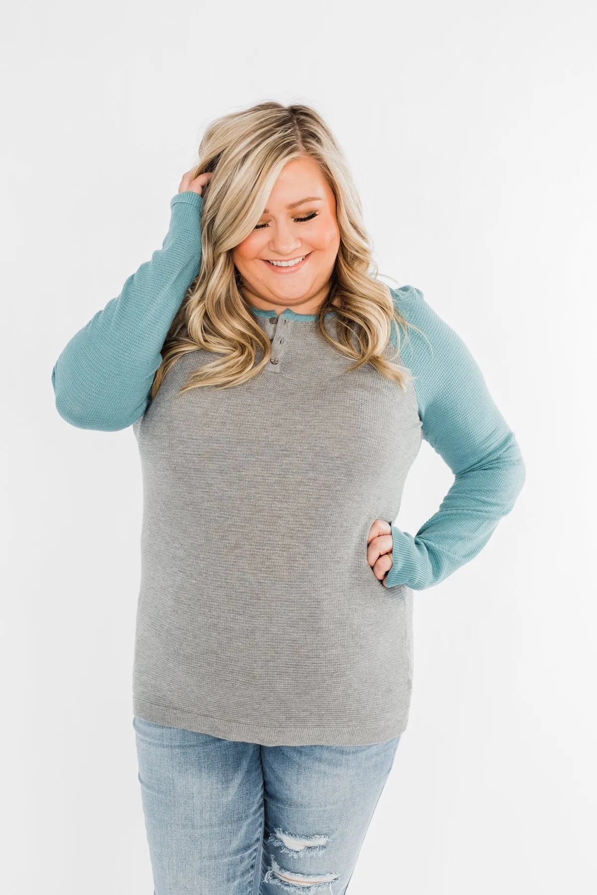 Good Things To Come Raglan Top- Dark Grey & Slate Blue