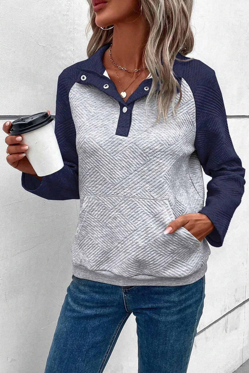 Gray Textured Contrast Splicing Raglan Sleeve Top