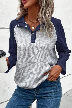 Gray Textured Contrast Splicing Raglan Sleeve Top