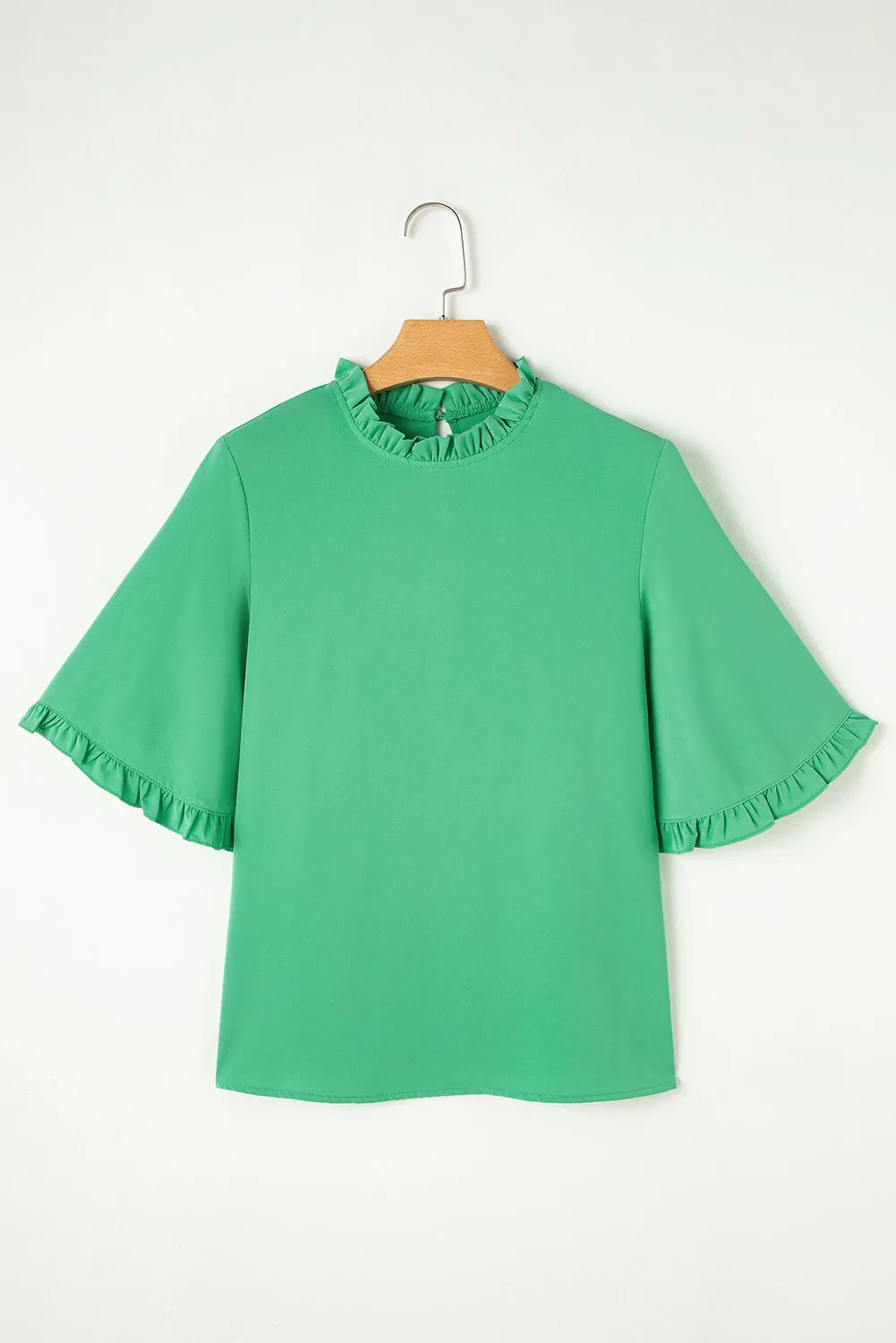 Green Frilly Round Neck Wide Half Sleeve Blouse