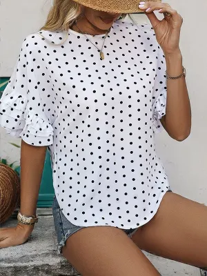 Half Sleeves Loose Hollow Polka-Dot Split-Joint Round-Neck Blouses&Shirts Tops