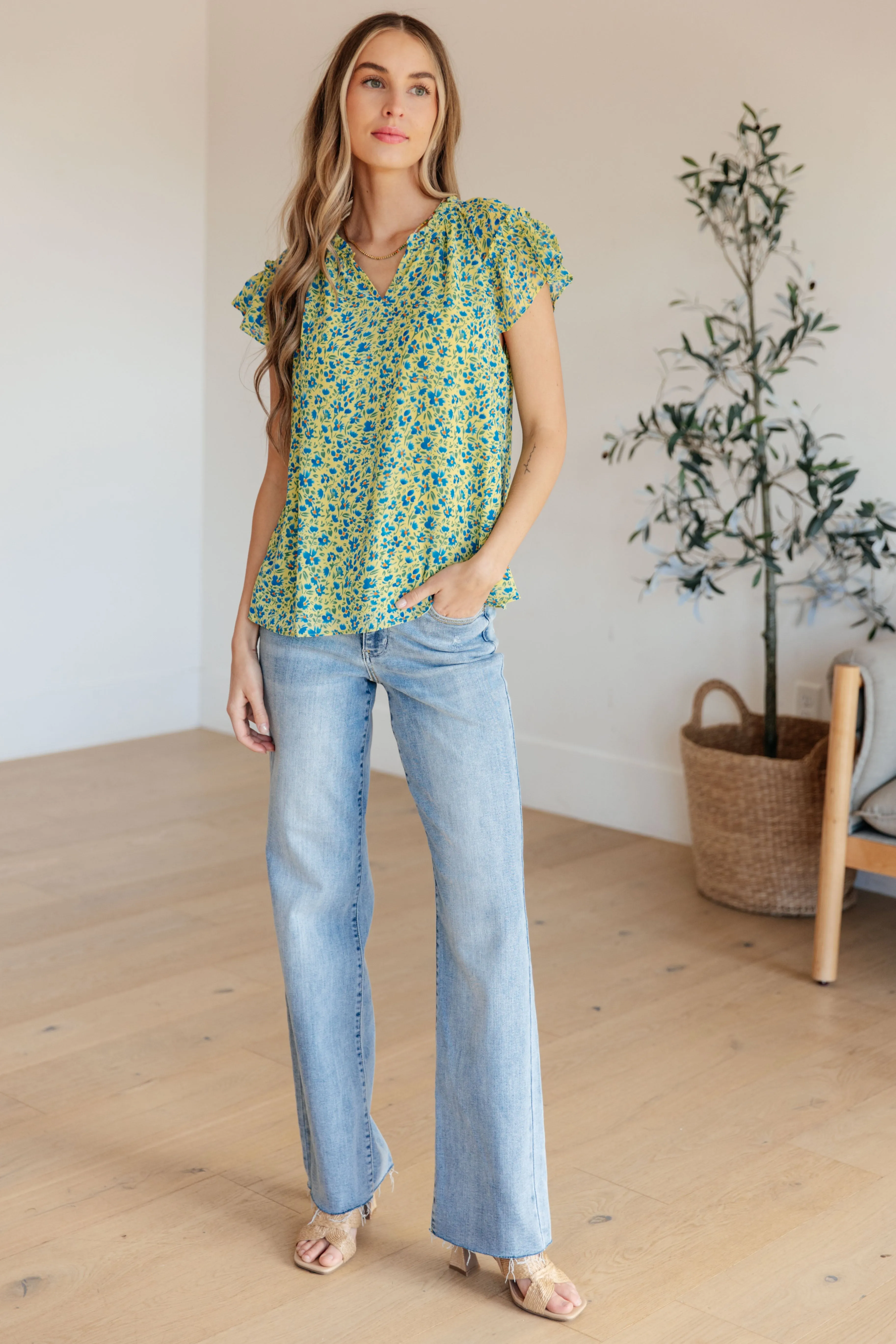Hazel Blues® |  Anywhere We Go Flutter Sleeve Top in Blue Combo