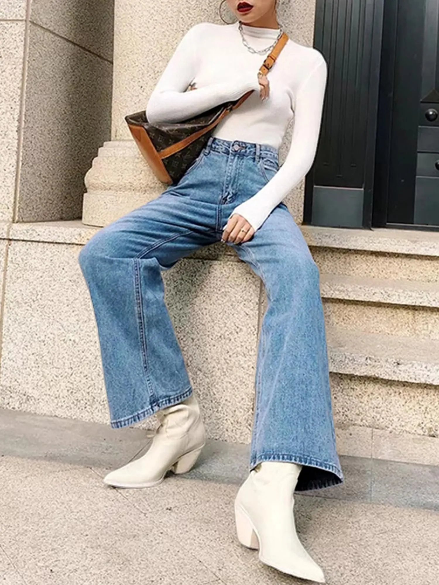 HDLTE Women Wide Leg Jeans Junior High Waist Baggy Jeans Loose Boyfriends Jeans Blue Washed