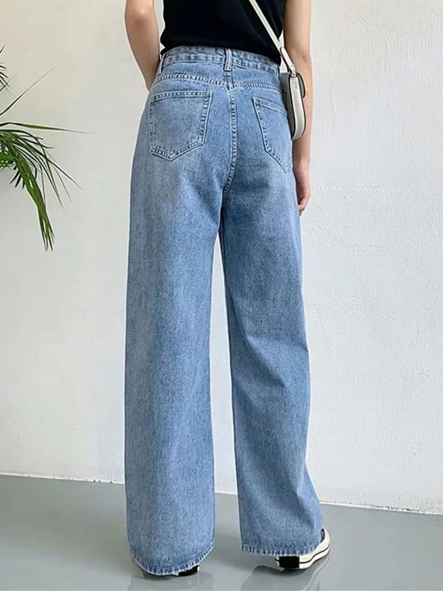 HDLTE Women Wide Leg Jeans Junior High Waist Baggy Jeans Loose Boyfriends Jeans Blue Washed