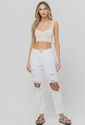 High Rise White Distressed Mom Jeans