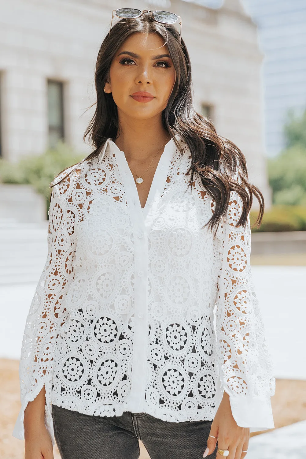 Hollow-out Turn-down Collar Shirt