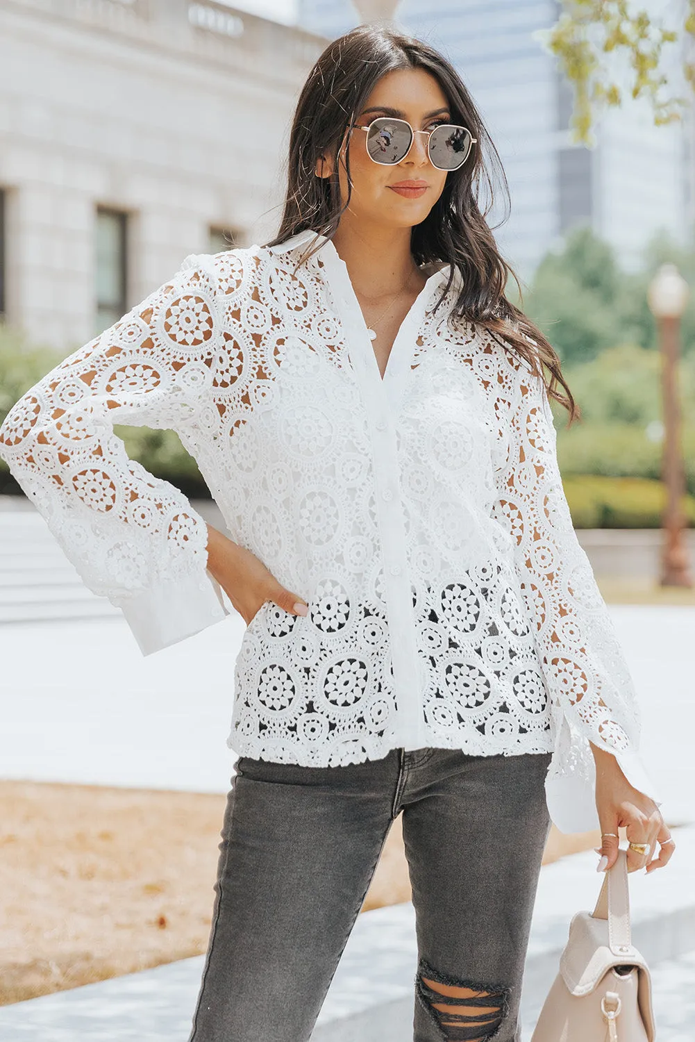 Hollow-out Turn-down Collar Shirt