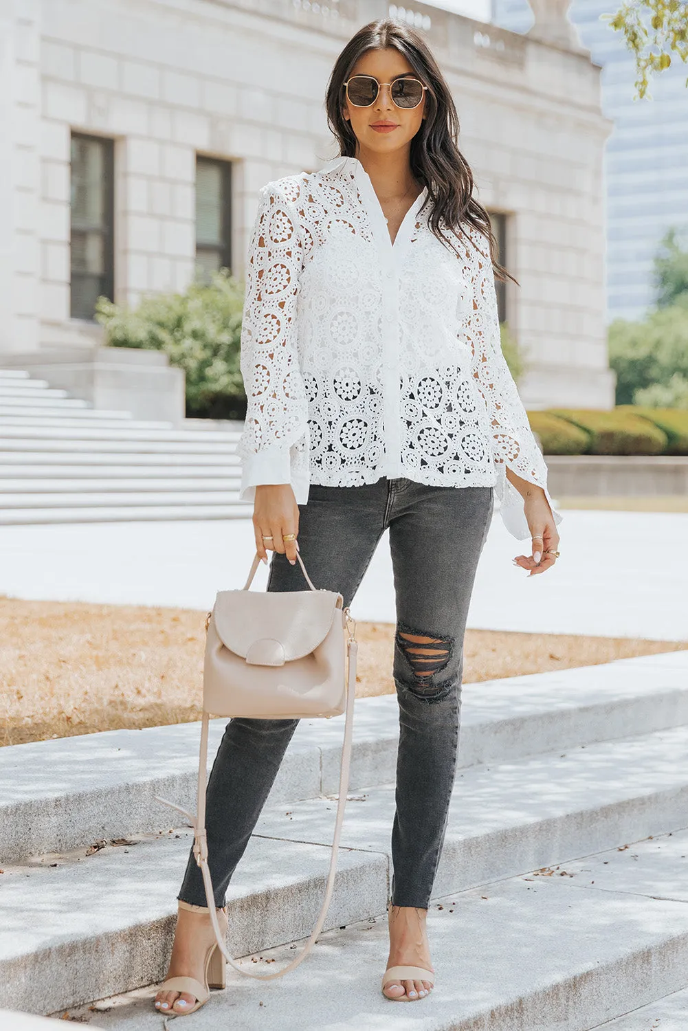 Hollow-out Turn-down Collar Shirt