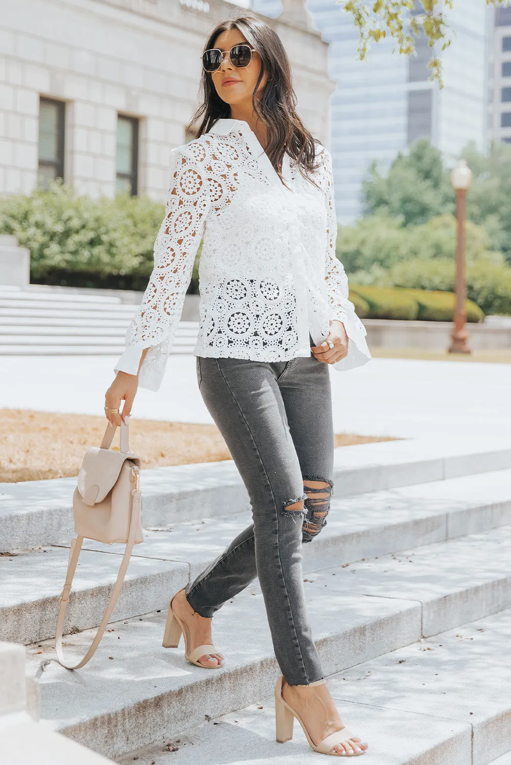 Hollow-out Turn-down Collar Shirt