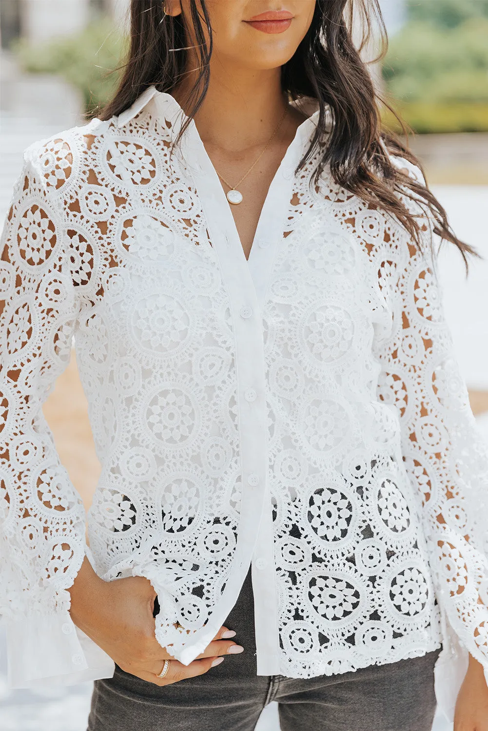 Hollow-out Turn-down Collar Shirt