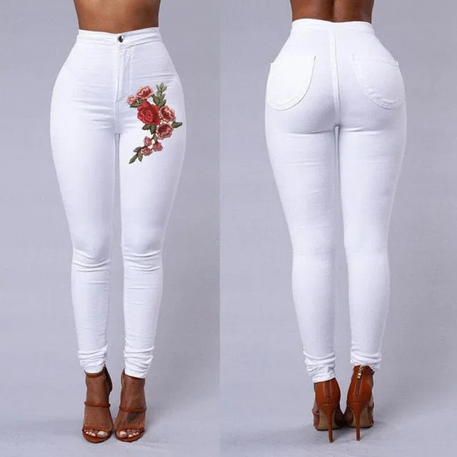 Jaycosin New Fashion Sexy Ladies Casual Skinny Floral Applique Jeans Woman Elastic High Waist Stretch Slim Pencil Trousers 10#10