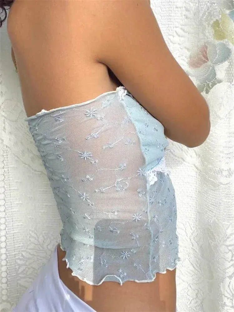 JazzHer 2024 Mesh Patchwork Y2K Retro Tube Cropped Clubwear Summer  Sexy See Through Strapless Tank Mini Vest Crop Tops