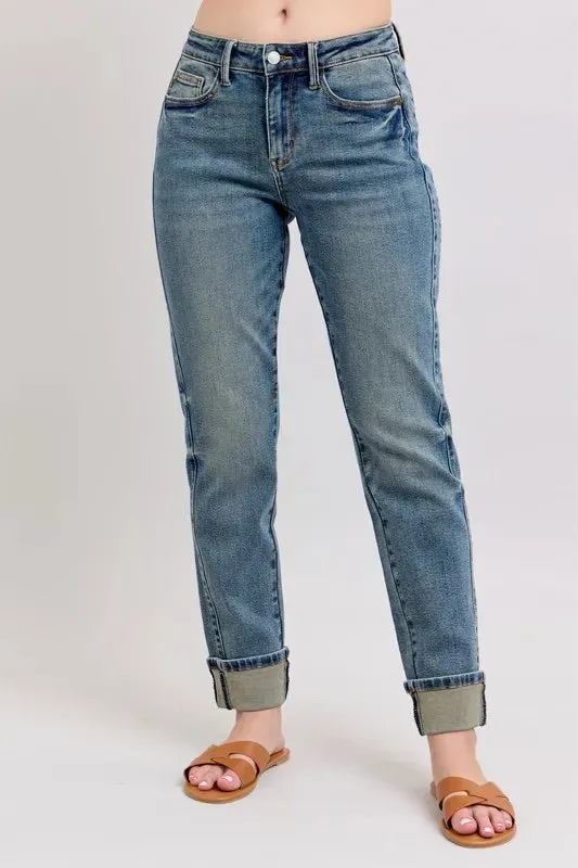 Judy Blue Full Size Mid Rise Vintage Wash Double Roll Cuff Boyfriend Jeans Plus Size