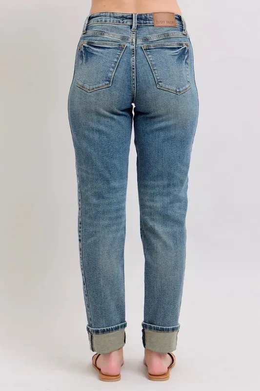 Judy Blue Full Size Mid Rise Vintage Wash Double Roll Cuff Boyfriend Jeans Plus Size
