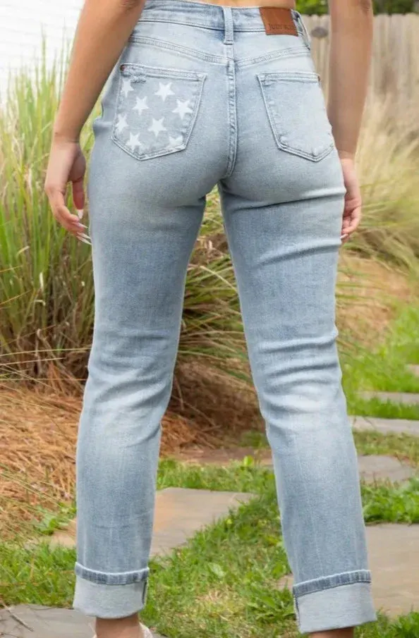 Judy Blue Mid Rise Americana Flag Cuff Boyfriend 88723 Reg