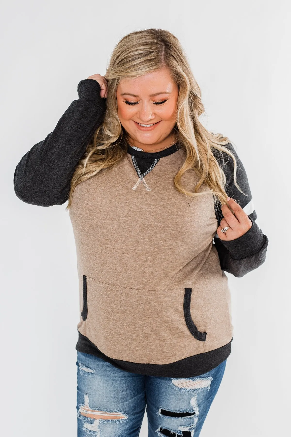 Just Being Me Raglan Top- Charcoal & Mocha