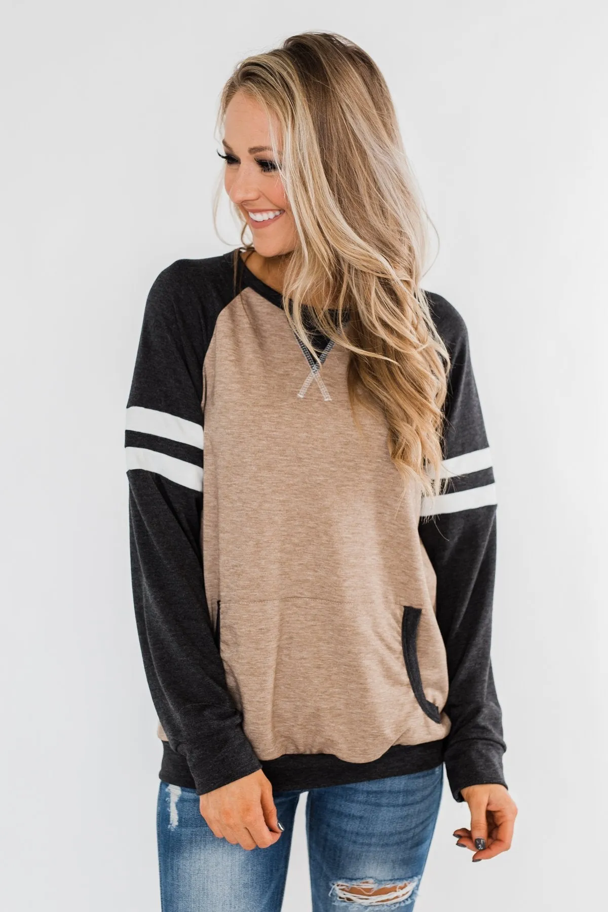 Just Being Me Raglan Top- Charcoal & Mocha